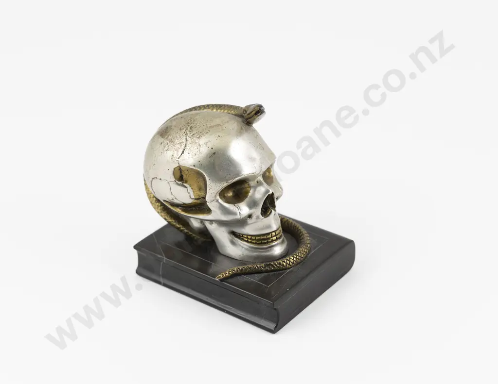 Memento Mori Silvered Bronze Skull & Serpent Desk Ornament Image 1++