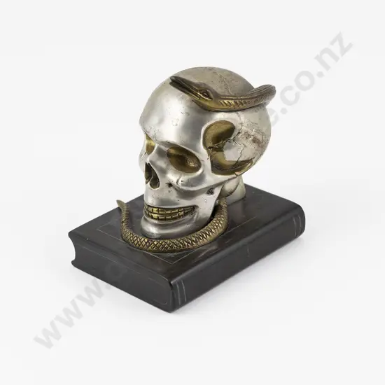 Memento Mori Silvered Bronze Skull & Serpent Desk Ornament