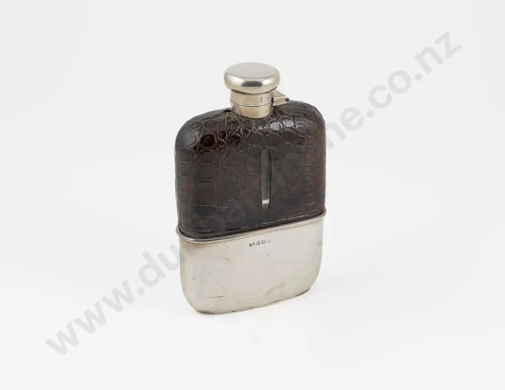 Geo V S/S & Leather Mounted Hip Flask Image 1++