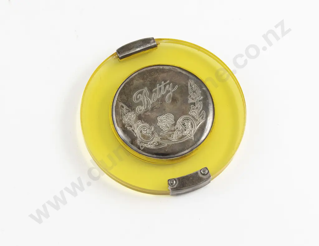 Art Deco Sterling SIlver and Yellow Plastic Powder Compact Image 1++