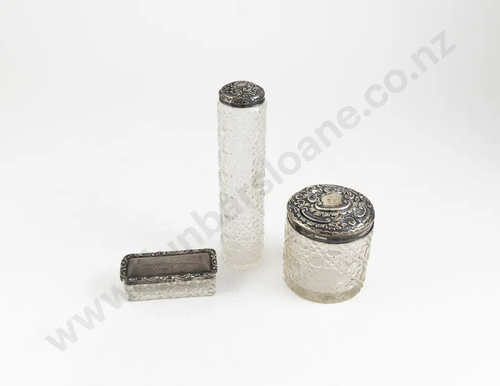 Three Edwardian S/S and Clear Glass Vanity Pots Image 1++