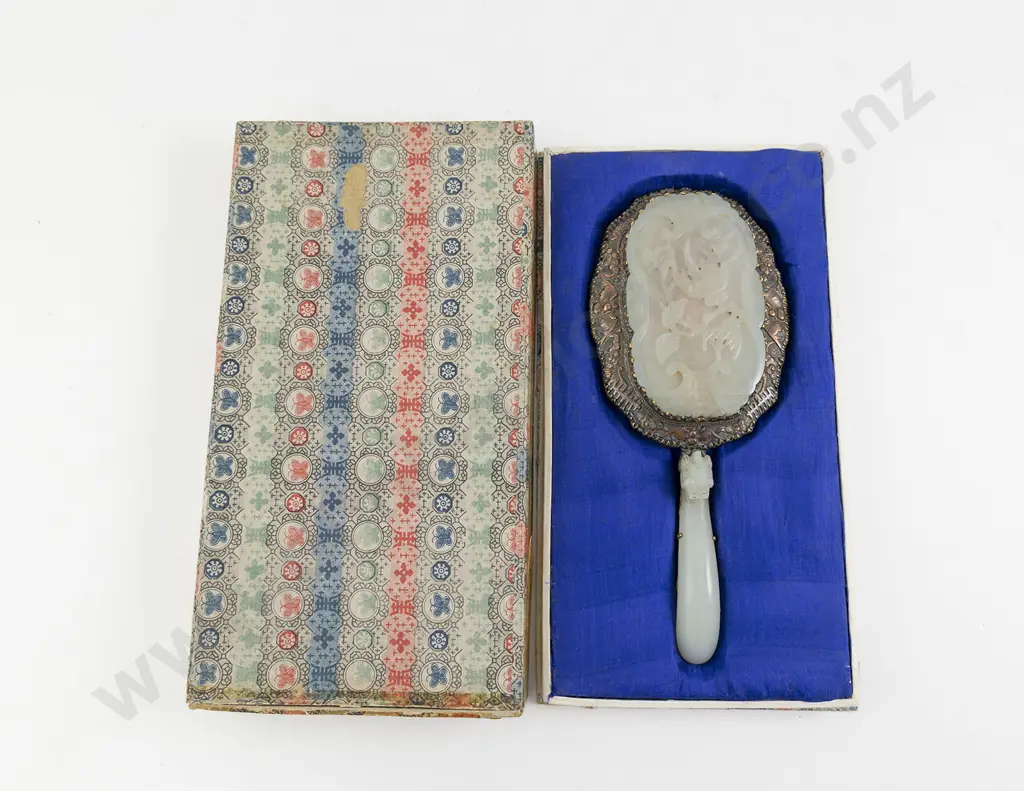 Chinese Carved Jade & S/P Hand Mirror Image 1++