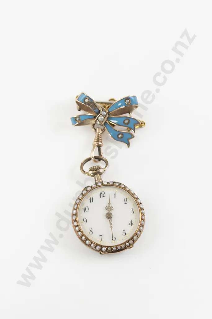 Late C19th 14ct and Enamel Fob Watch on Bow Brooch Image 1++