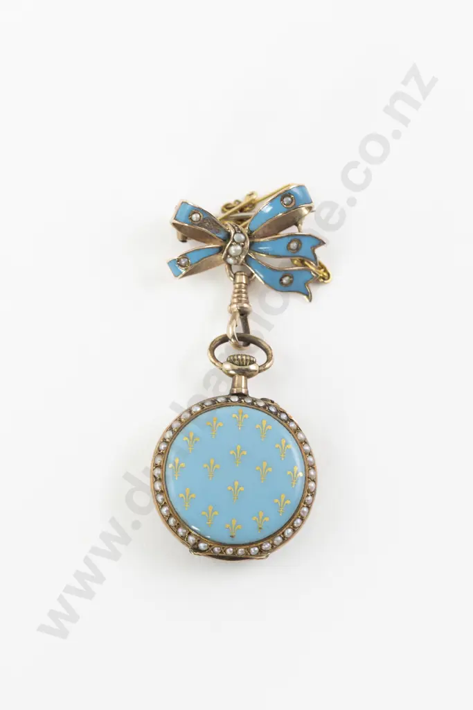 Late C19th 14ct and Enamel Fob Watch on Bow Brooch Image 1++