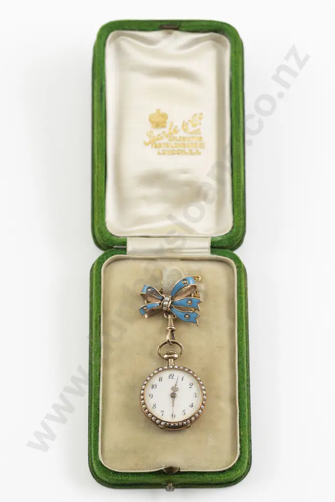 Late C19th 14ct and Enamel Fob Watch on Bow Brooch Image 1++
