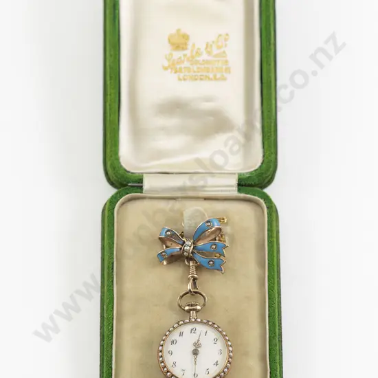 Late C19th 14ct and Enamel Fob Watch on Bow Brooch