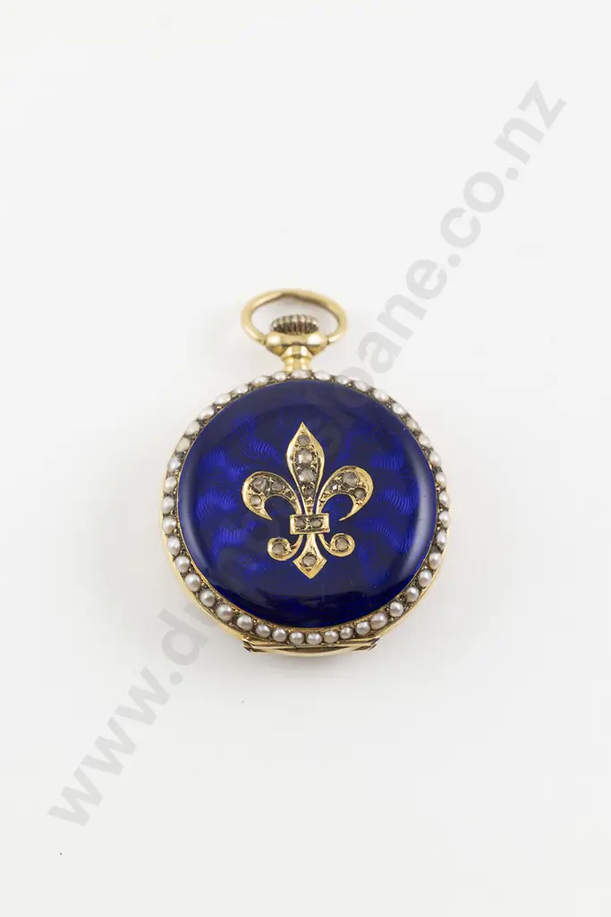 Cased Late C19th French 18ct and Enamel Open Face Fob Watch Image 1++