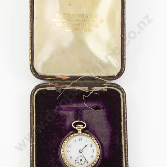 Cased Late C19th French 18ct and Enamel Open Face Fob Watch