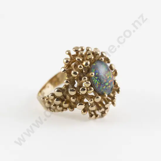 NZ C1970 Peter Minturn 9ct Single Opal Sea Anemone Ring