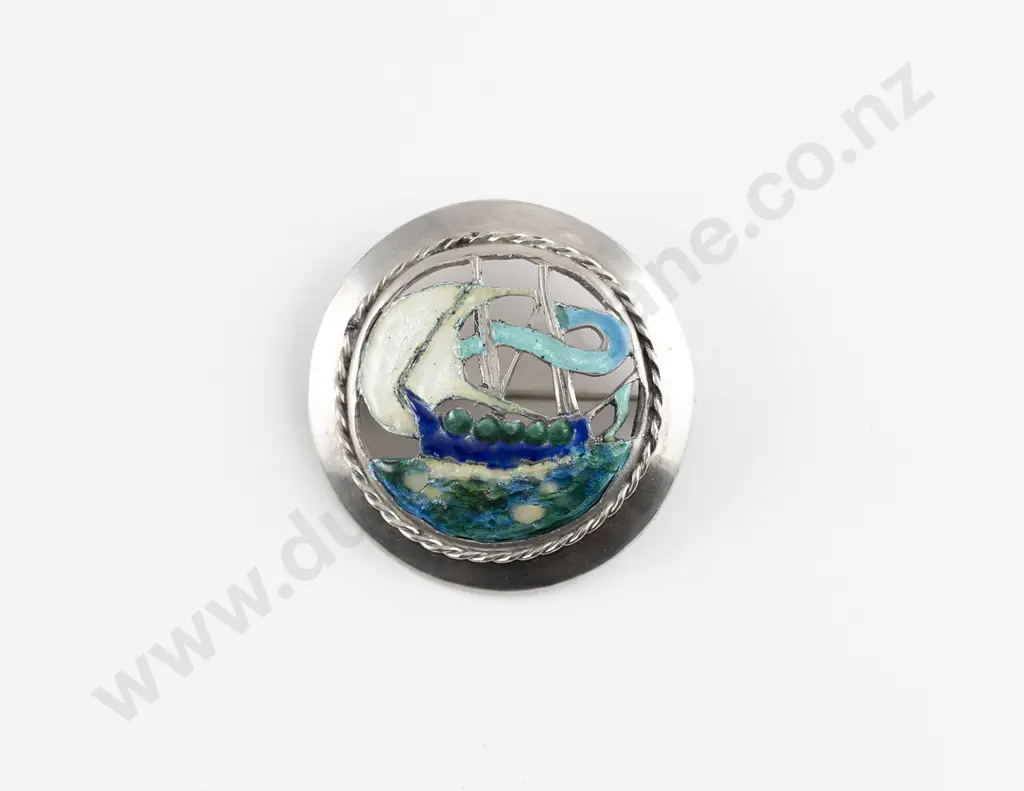 NZ Silver Reuben Watts (1869 - 1940) Auckland Enamel Arts and Crafts Brooch Image 1++