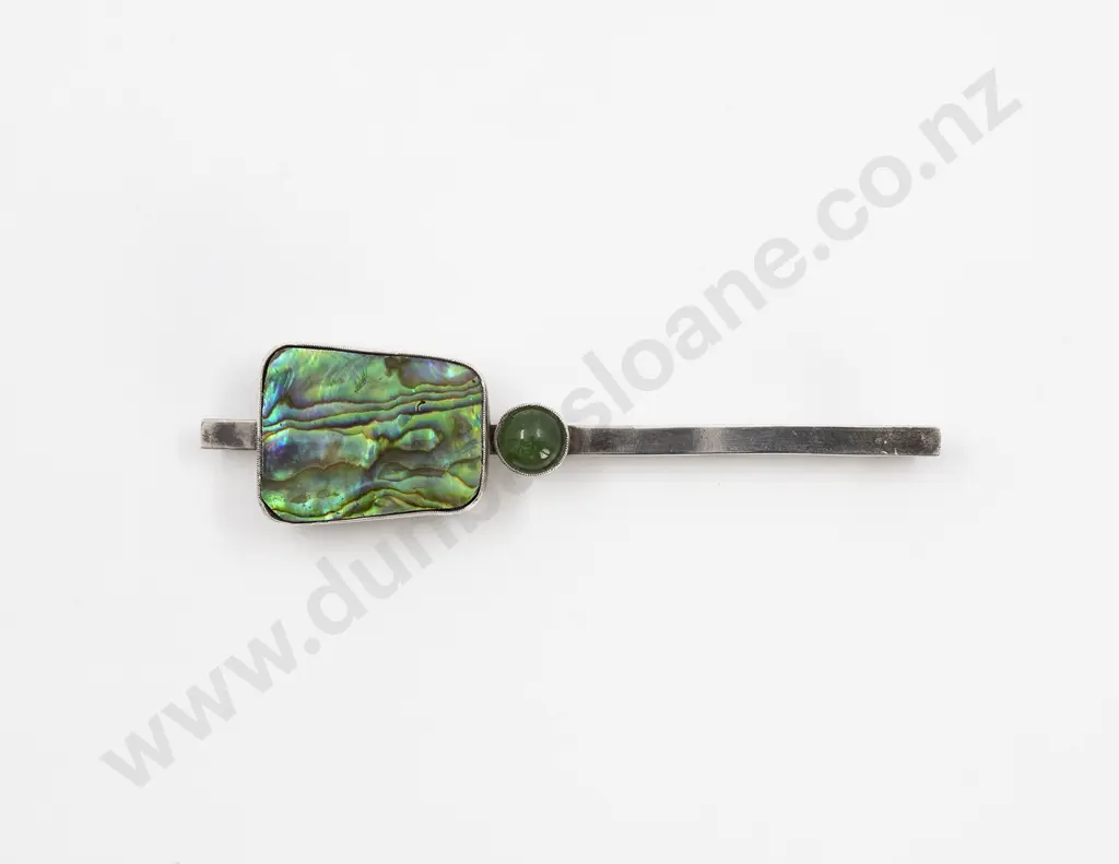 NZ Silver Eleanor Mary Copeland Adkins (1882-1968) Paua and Greenstone Lapel Brooch Image 1++