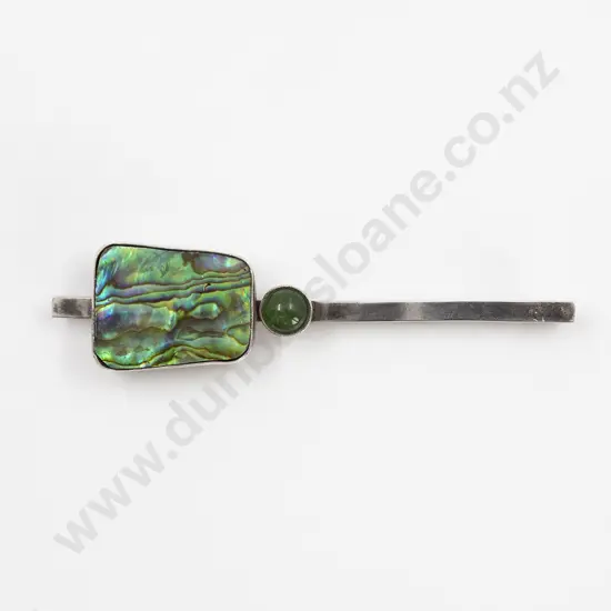 NZ Silver Eleanor Mary Copeland Adkins (1882-1968) Paua and Greenstone Lapel Brooch