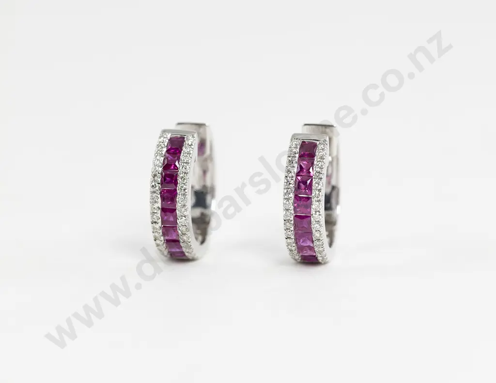 Pair 18ct White Gold Ruby and Diamond Hoop Earrings Image 1++