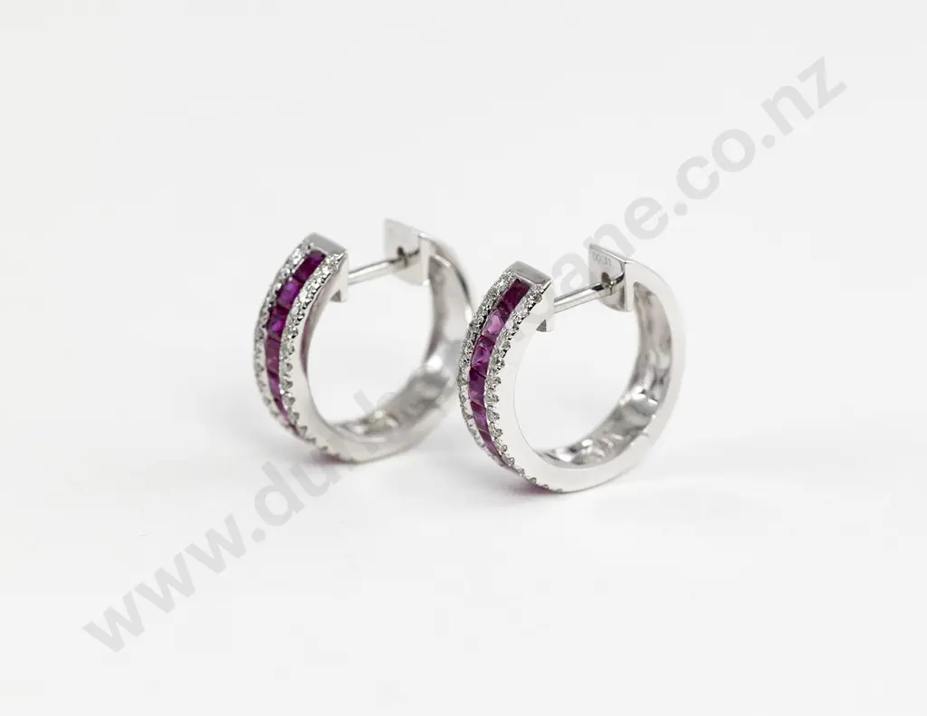 Pair 18ct White Gold Ruby and Diamond Hoop Earrings Image 1++