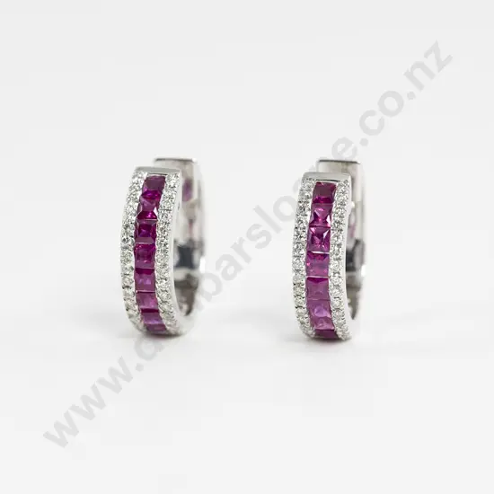 Pair 18ct White Gold Ruby and Diamond Hoop Earrings