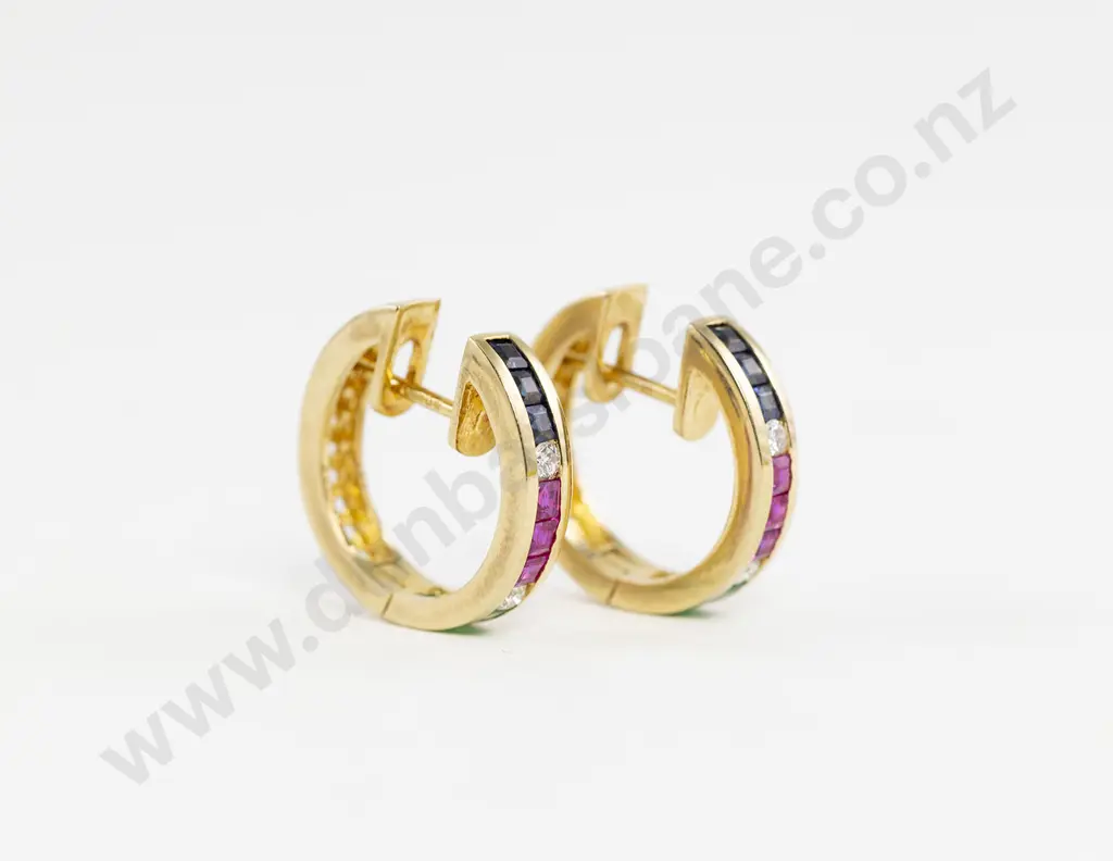 Pair 18ct Sapphire Diamond Ruby and Emerald Hoop Earrings Image 1++