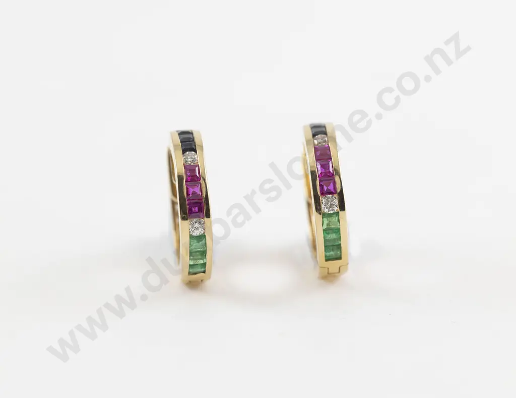 Pair 18ct Sapphire Diamond Ruby and Emerald Hoop Earrings Image 1++