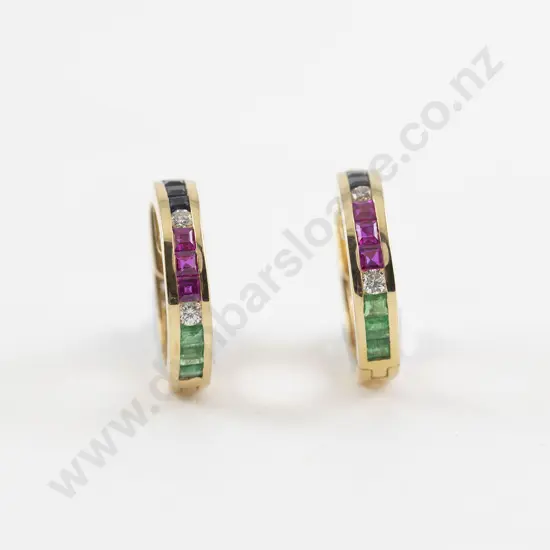 Pair 18ct Sapphire Diamond Ruby and Emerald Hoop Earrings