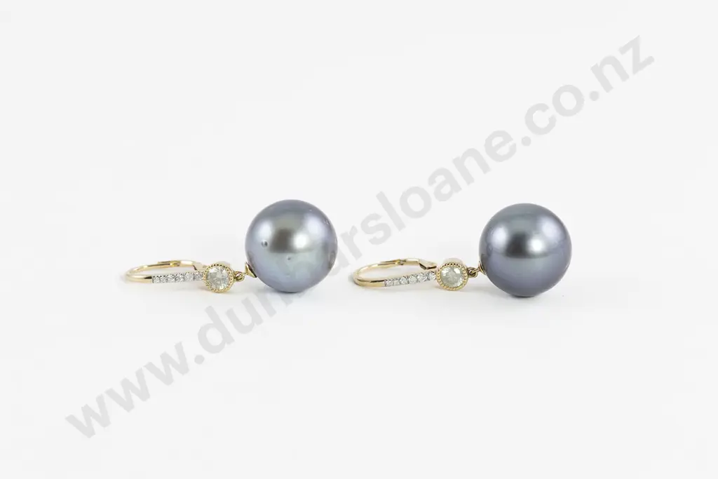 14ct Black Tahitian Pearl and Diamond Earrings Image 1++