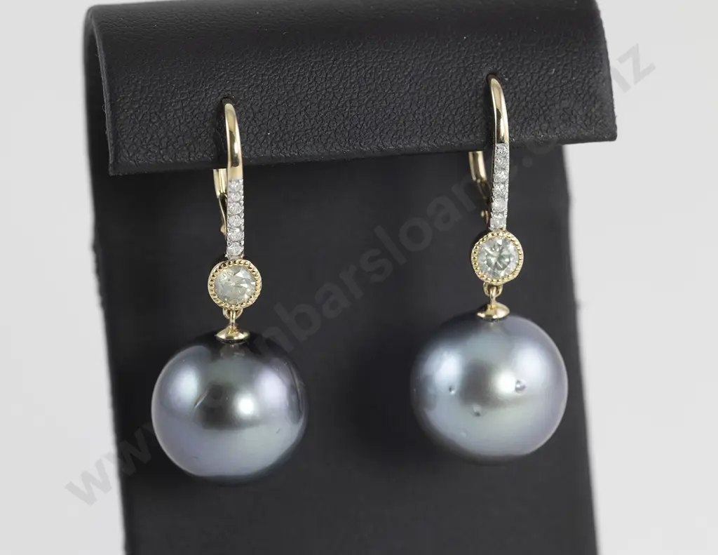 14ct Black Tahitian Pearl and Diamond Earrings Image 1++