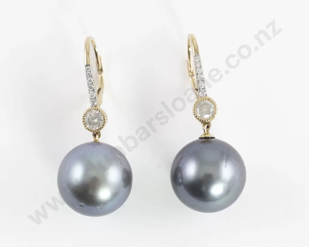 14ct Black Tahitian Pearl and Diamond Earrings Image 1++
