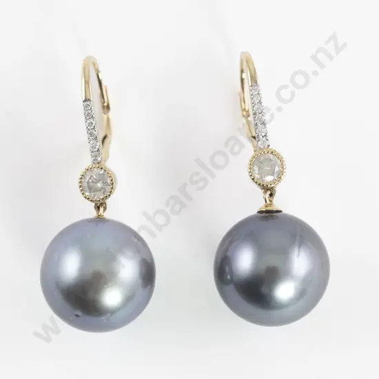 14ct Black Tahitian Pearl and Diamond Earrings