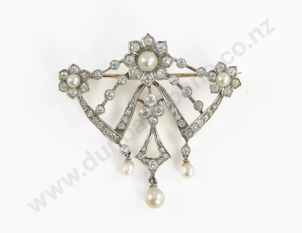 Edwardian 18ct Diamond and Pearl Shield Brooch Image 1++