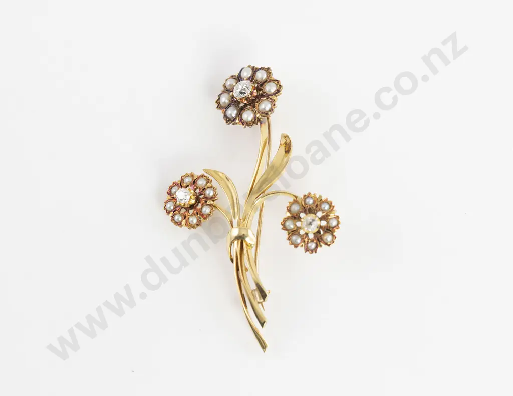 18ct Diamond and Pearl Triple Floral Spray Brooch Image 1++