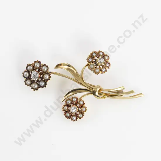 18ct Diamond and Pearl Triple Floral Spray Brooch