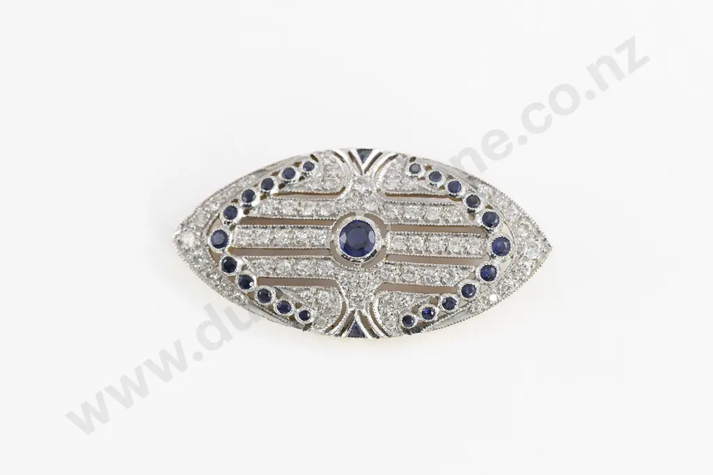 18ct Art Deco Style 91stone Sapphire and Diamond Lozenge Brooch Image 1++