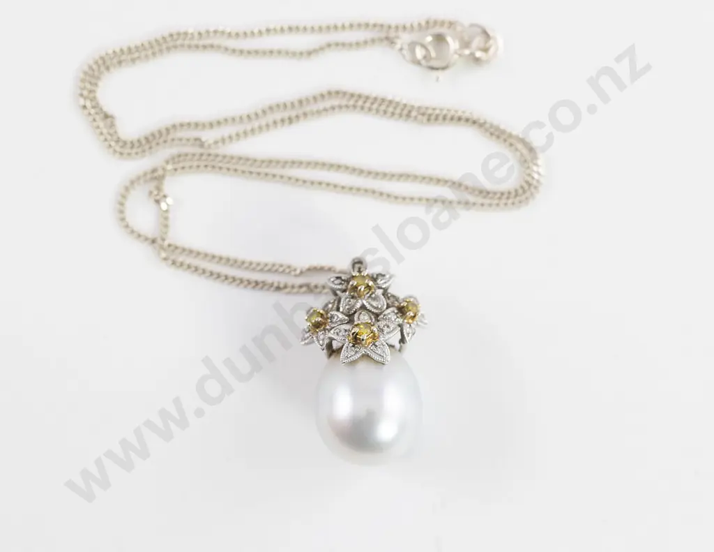 18ct White Gold South Sea White Pearl and Diamond Pendant Image 1++