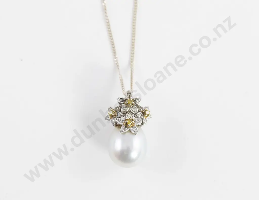 18ct White Gold South Sea White Pearl and Diamond Pendant Image 1++