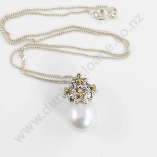 18ct White Gold South Sea White Pearl and Diamond Pendant