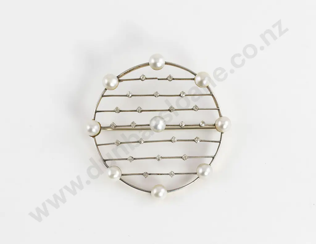 Edwardian 15ct and Silver Diamond and Pearl Circle Brooch Image 1++
