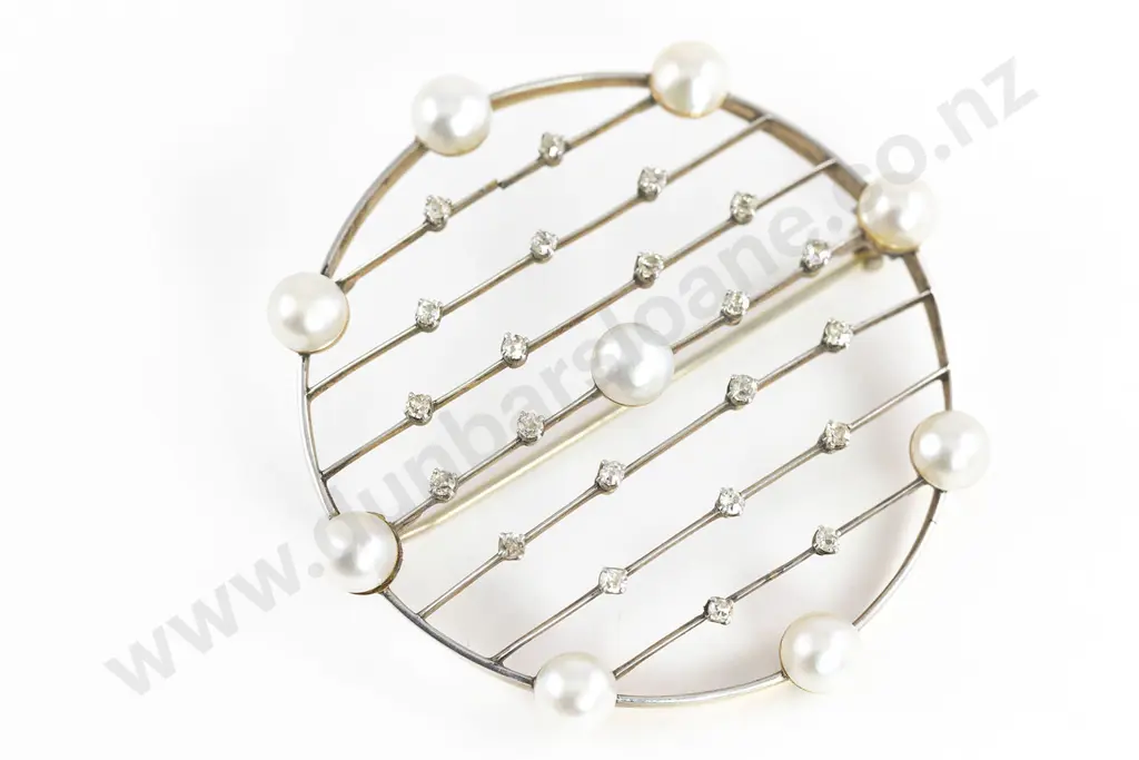 Edwardian 15ct and Silver Diamond and Pearl Circle Brooch Image 1++