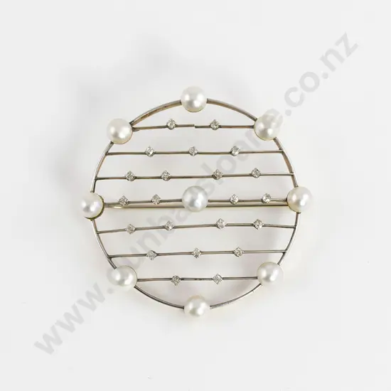 Edwardian 15ct and Silver Diamond and Pearl Circle Brooch