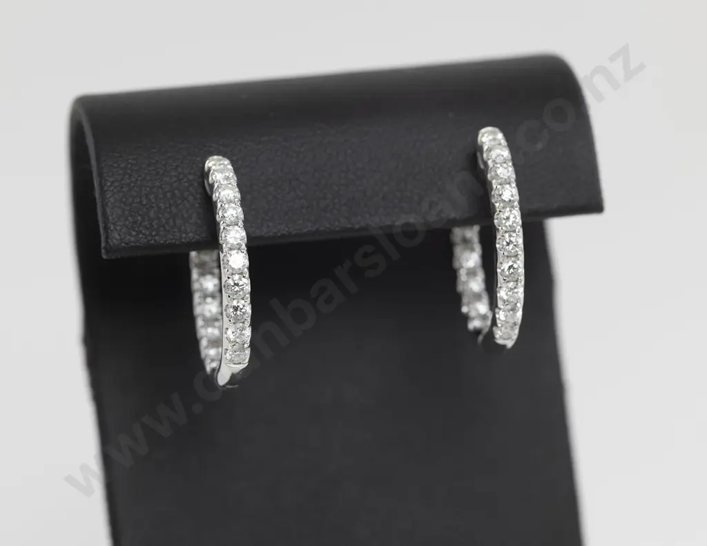 Pair 18ct White Gold Diamond Oval Hoop Earrings Image 1++
