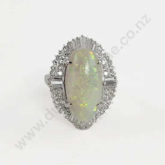 All Platinum 65stone White Fire Opal and Diamond Cluster Ring