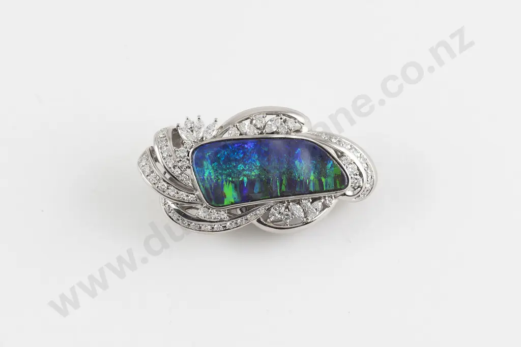 All Platinum Lightning Ridge Australia Opal and Diamond Pendant/Brooch Image 1++