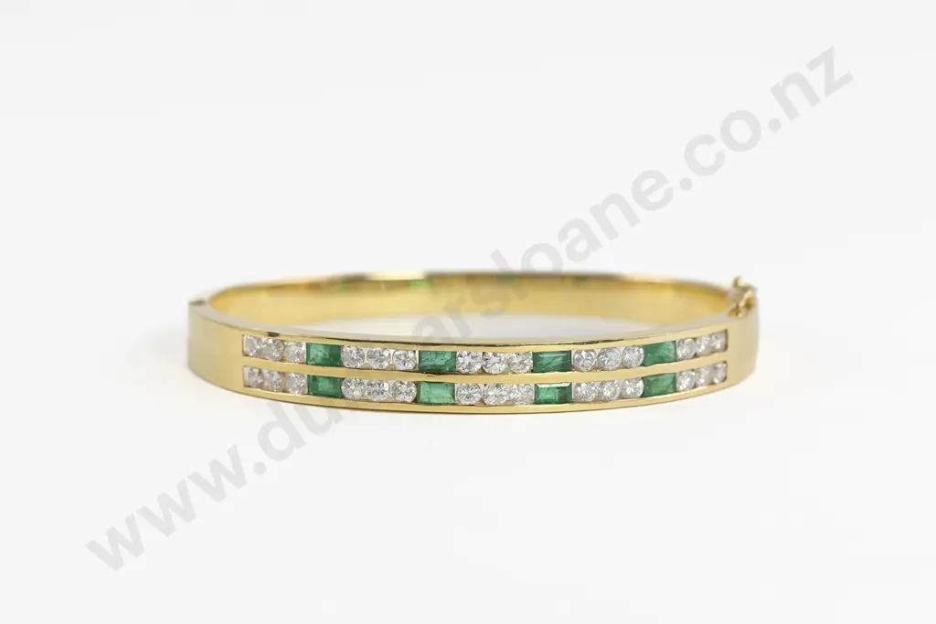 18ct 38stone Emerald and Diamond Hinged Snap Bangle Image 1++