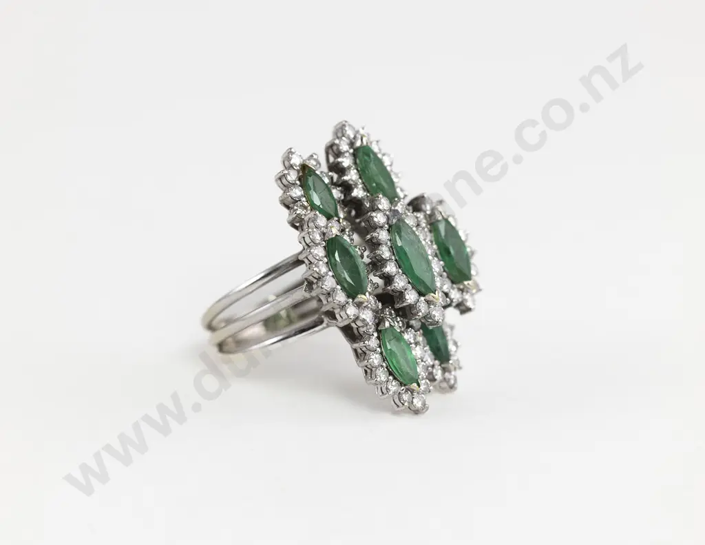 18ct White Gold 103stone Emerald and Diamond Fancy Cluster Dress Ring Image 1++