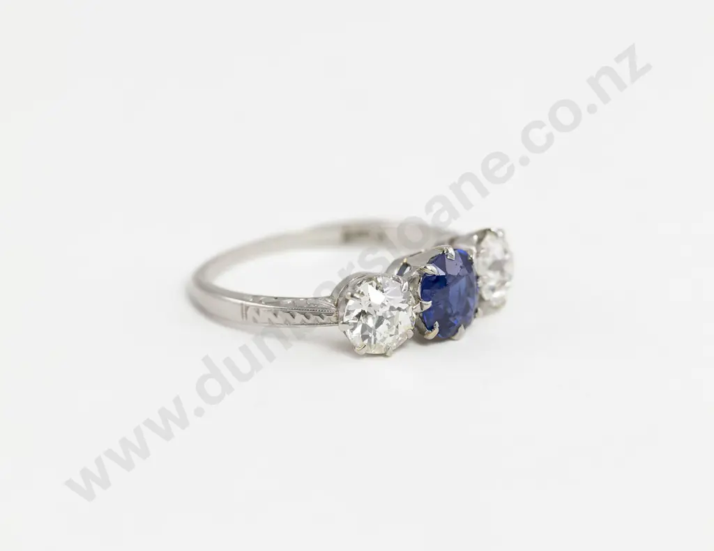 All Platinum Three Stone Sapphire & Diamond Bridge Ring Image 1++