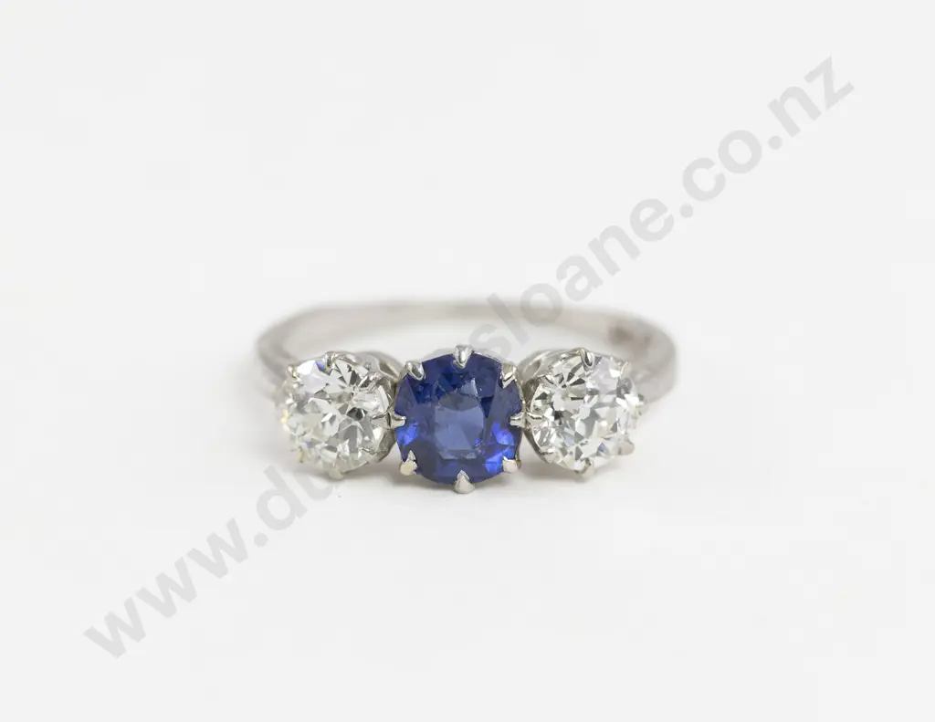 All Platinum Three Stone Sapphire & Diamond Bridge Ring Image 1++