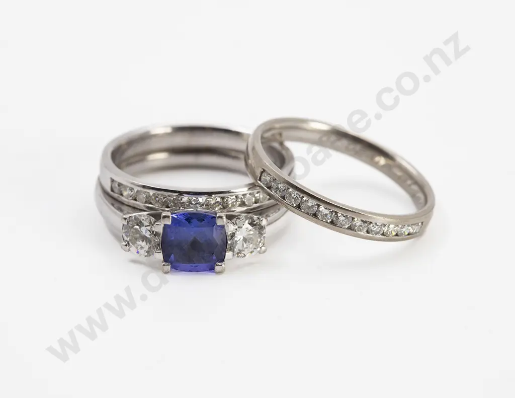 18ct White Gold Three Stone Tanzanite and Diamond Bridge Ring Image 1++