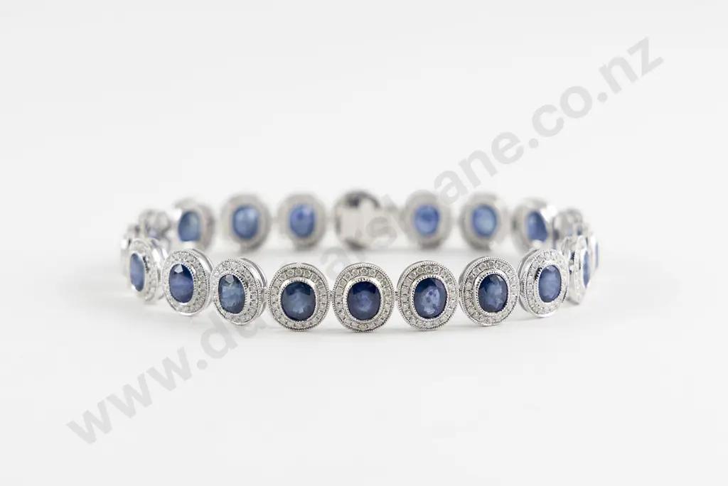 14K White Gold Blue Ceylon Sapphire and Diamond Cluster Bracelet Image 1++
