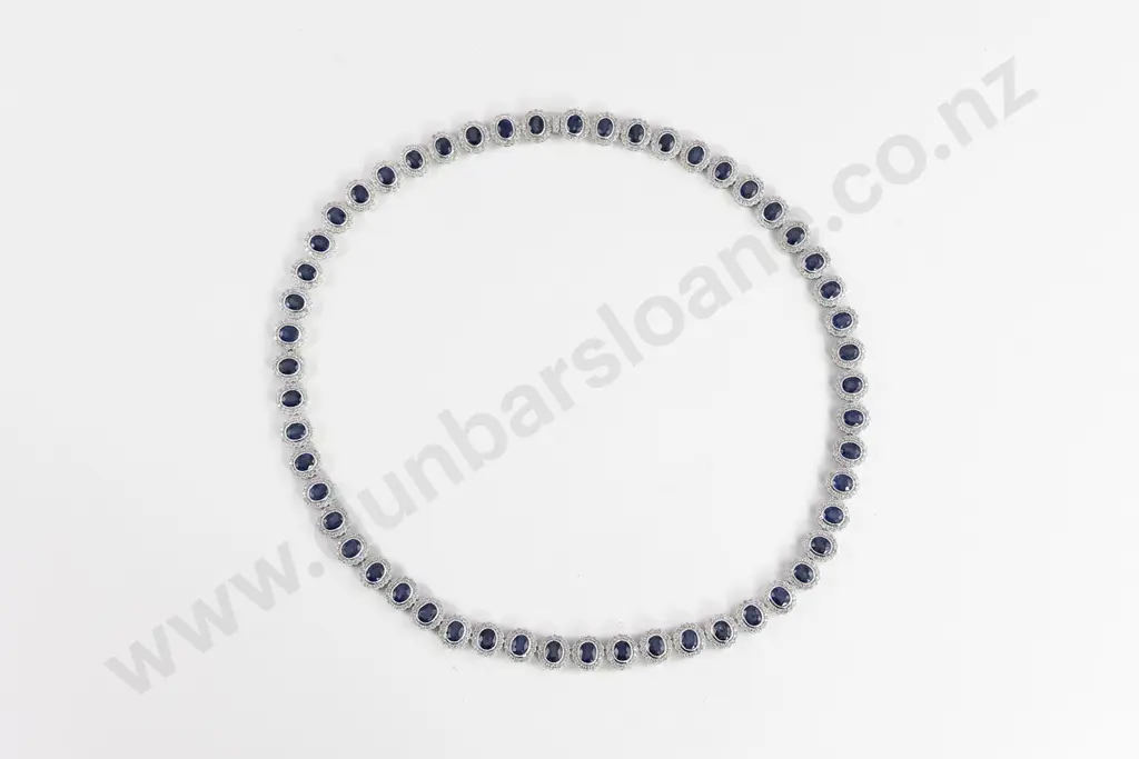14K White Gold Blue Ceylon Sapphire and Diamond Cluster Necklace Image 1++
