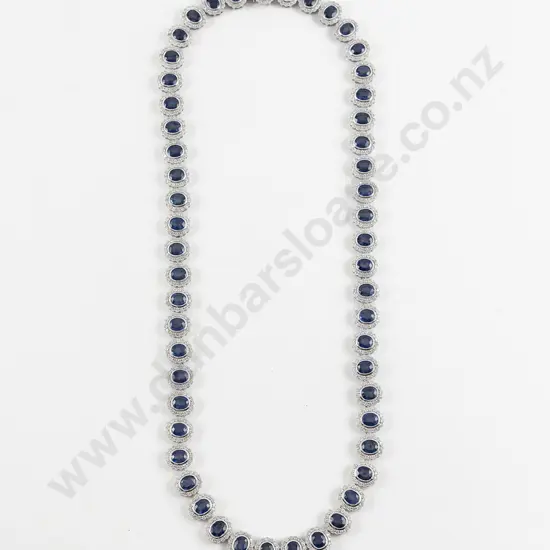 14K White Gold Blue Ceylon Sapphire and Diamond Cluster Necklace