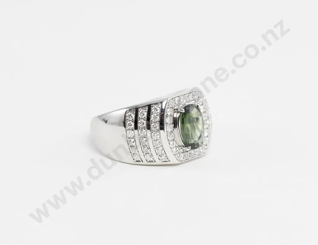 14ct White Gold Green Sapphire and Diamond Gents Dress Ring Image 1++