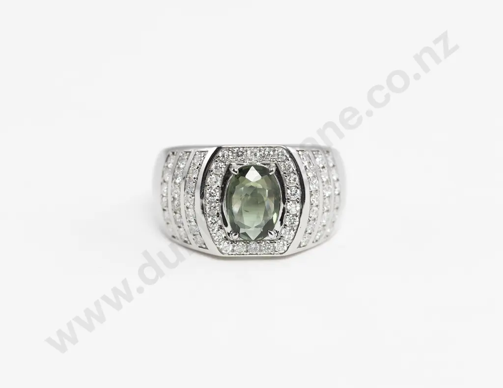 14ct White Gold Green Sapphire and Diamond Gents Dress Ring Image 1++