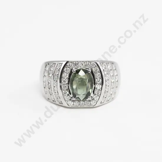 14ct White Gold Green Sapphire and Diamond Gents Dress Ring